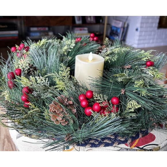 Luminara 4.5" Pillar Flameless Candle + Christmas 18" Wreath Red Berries Pines - Picture 3 of 12